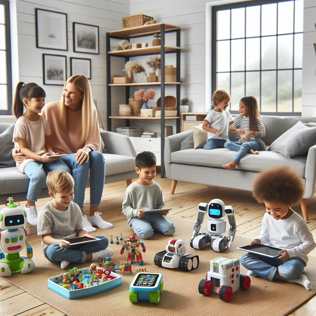Lyst og innbydende lekerom med både digitale leker (nettbrett, robotleke) og fysiske leker, glade barn og forelder som samspiller, moderne nordisk interiør, naturlig lys